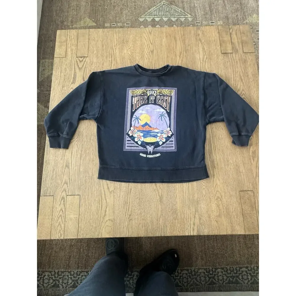 Roxy Take It Easy Good Vibrations Graphic Sweatshirt XS Cropped Beachy Boho